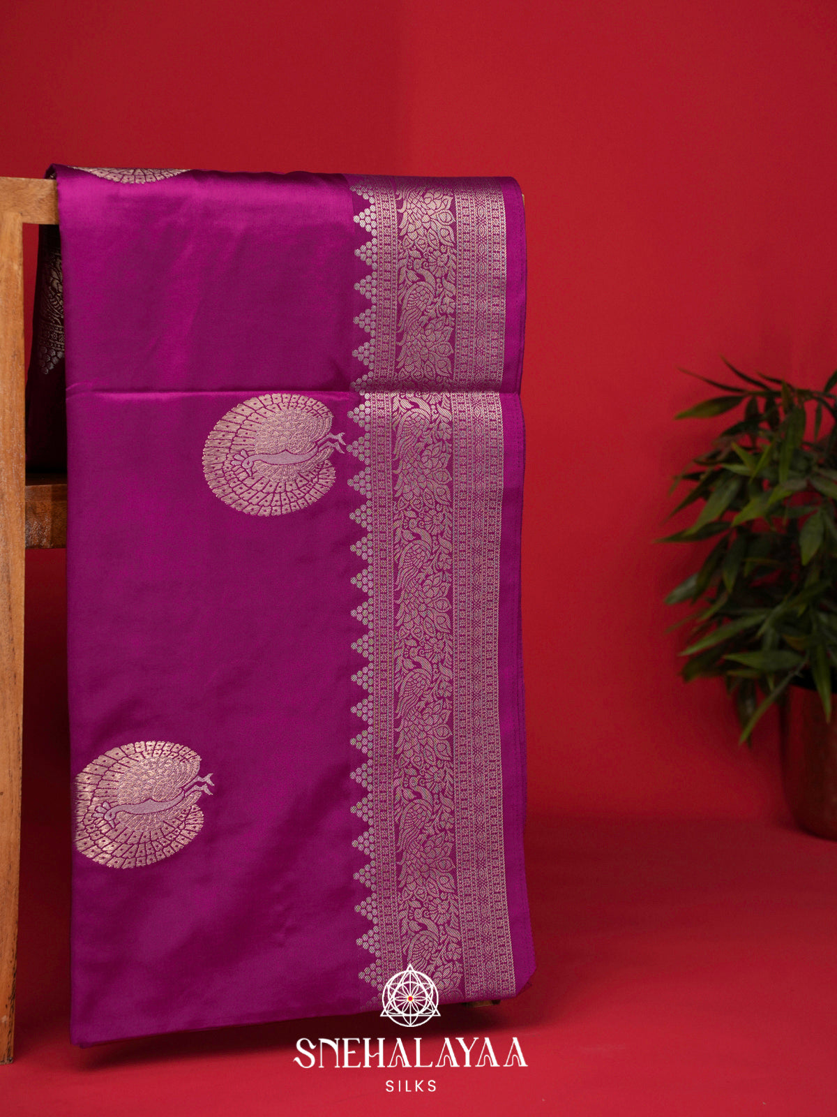 Dark Magenta Satin Banaras Saree