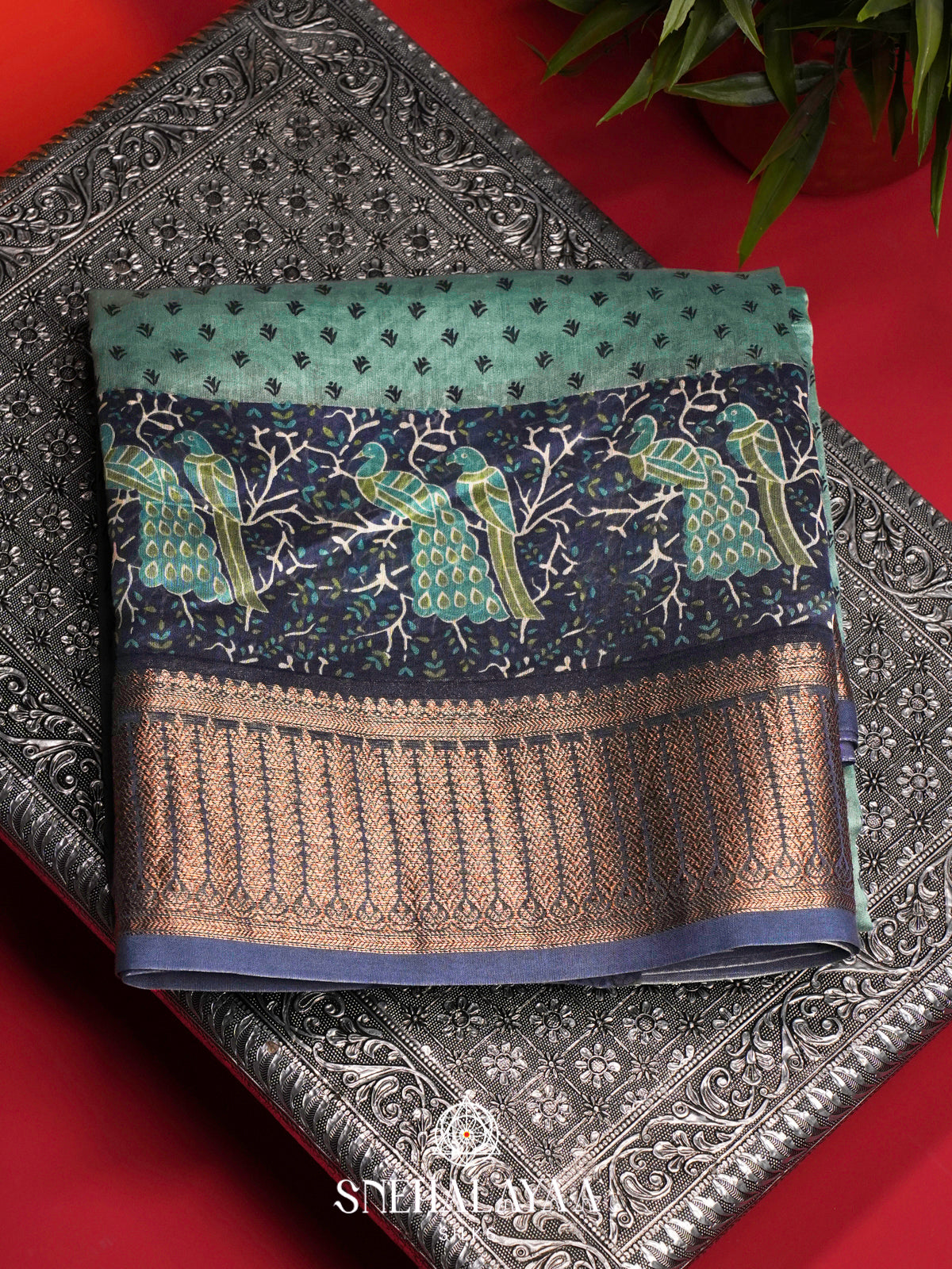 Sea Green Chanderi Saree with Peacock Printed Border & Rich Zari Border