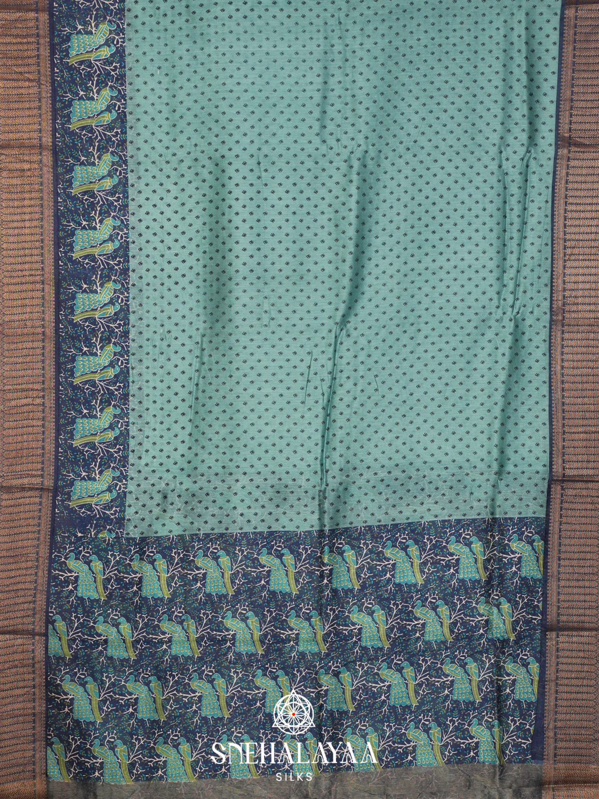 Sea Green Chanderi Saree with Peacock Printed Border & Rich Zari Border