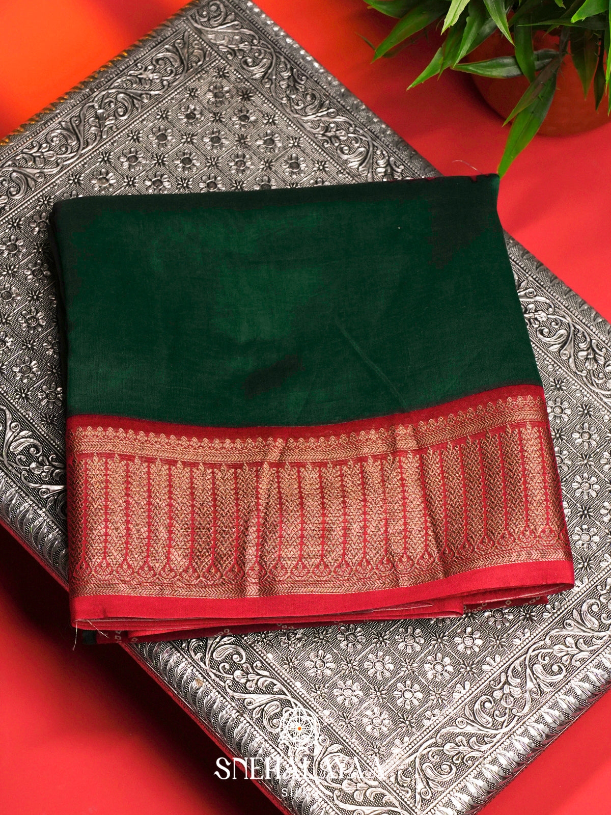 Bottle Green Chanderi Saree with Rich Zari Border