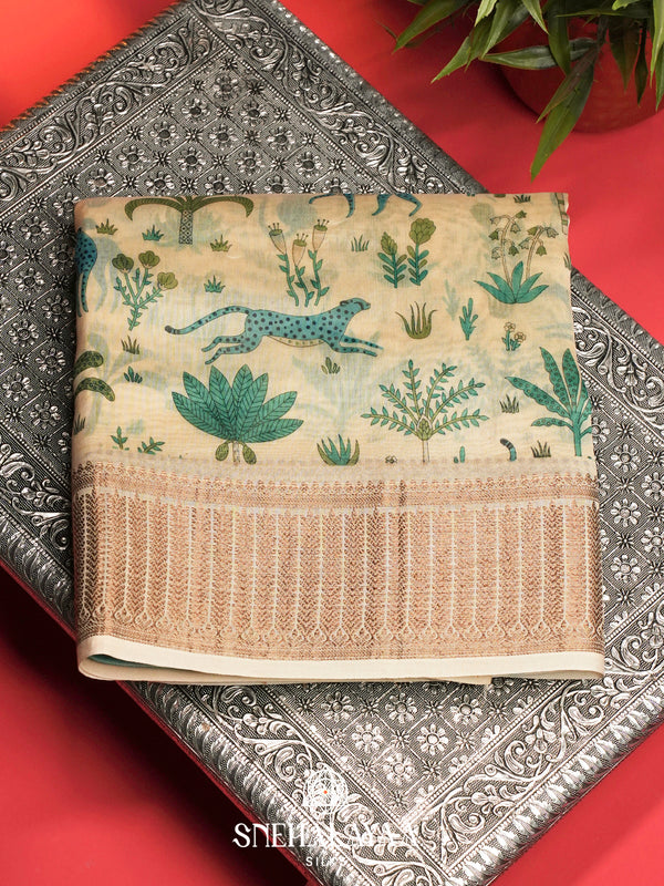 Ivory Chanderi Saree with Wildlife Print and Rich Zari Border