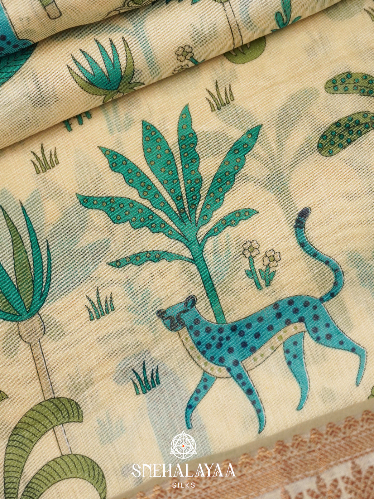 Ivory Chanderi Saree with Wildlife Print and Rich Zari Border