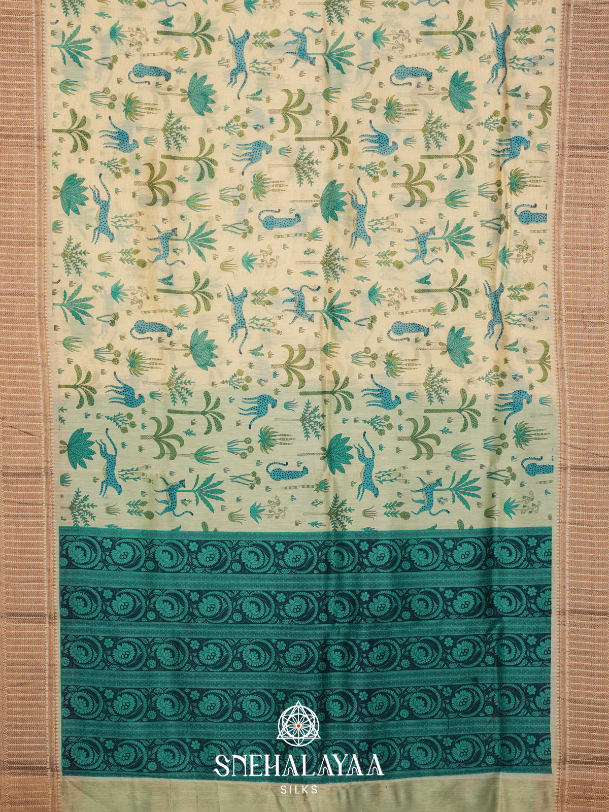 Ivory Chanderi Saree with Wildlife Print and Rich Zari Border