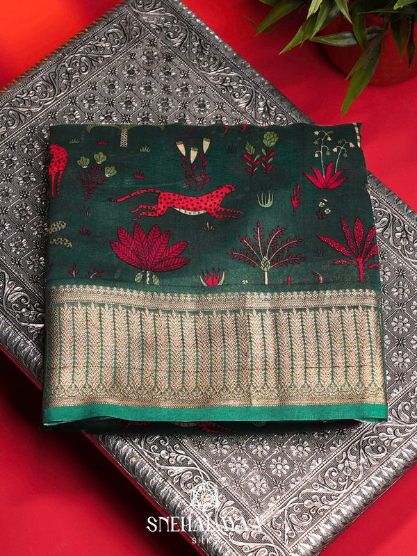 Green Chanderi Saree with Wildlife Print and Rich Zari Border