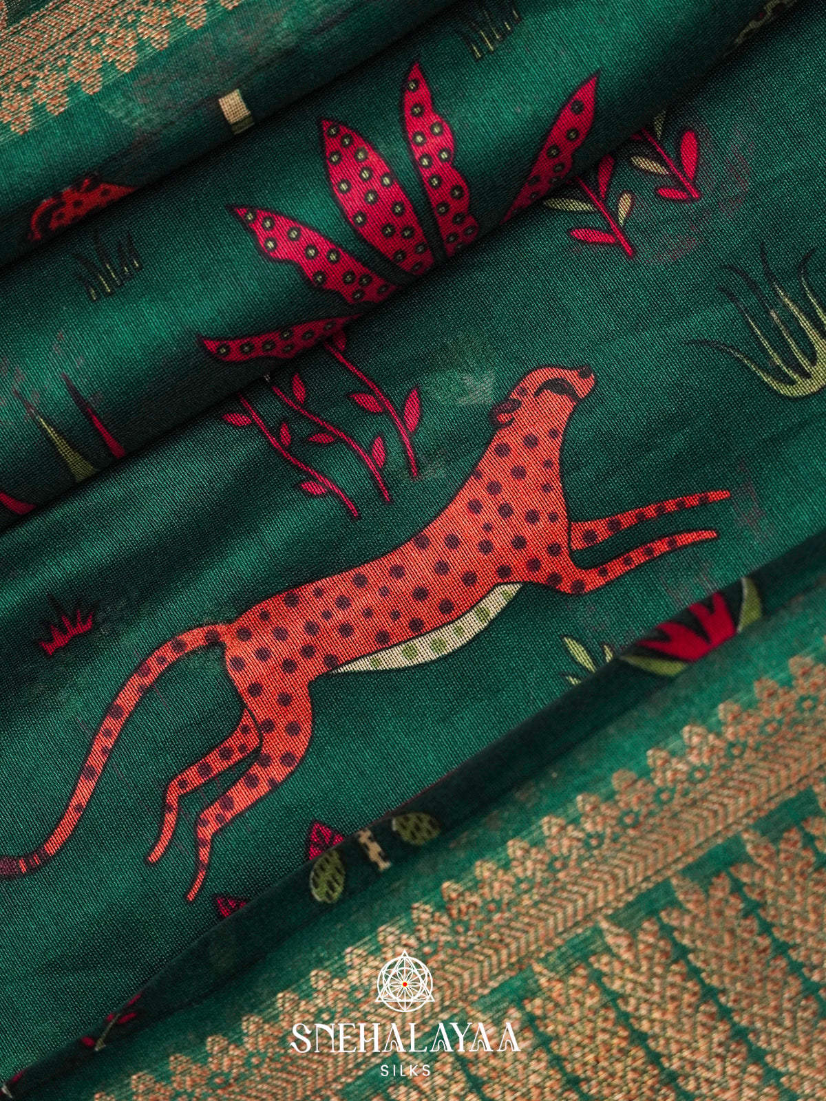 Green Chanderi Saree with Wildlife Print and Rich Zari Border