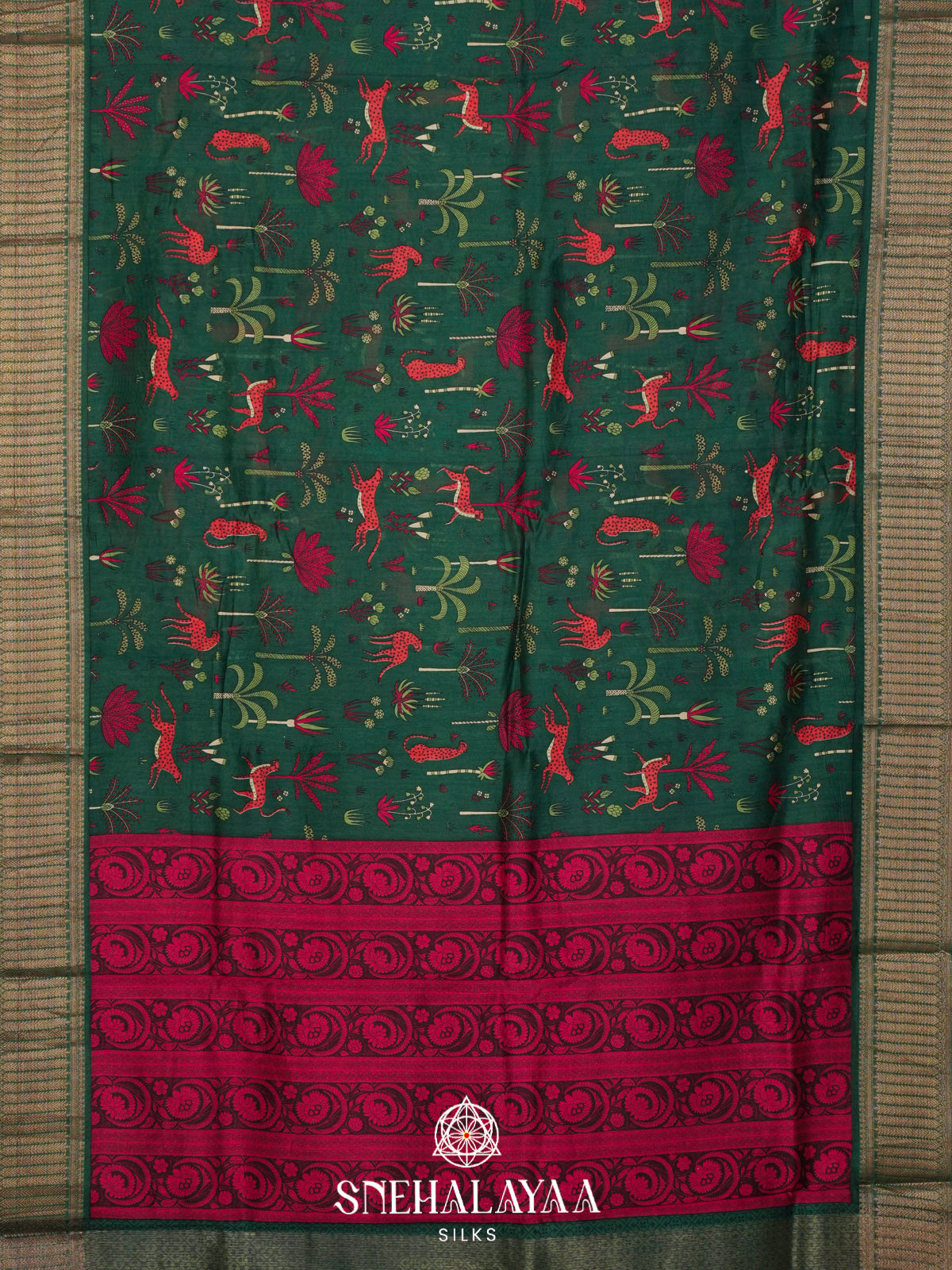 Green Chanderi Saree with Wildlife Print and Rich Zari Border