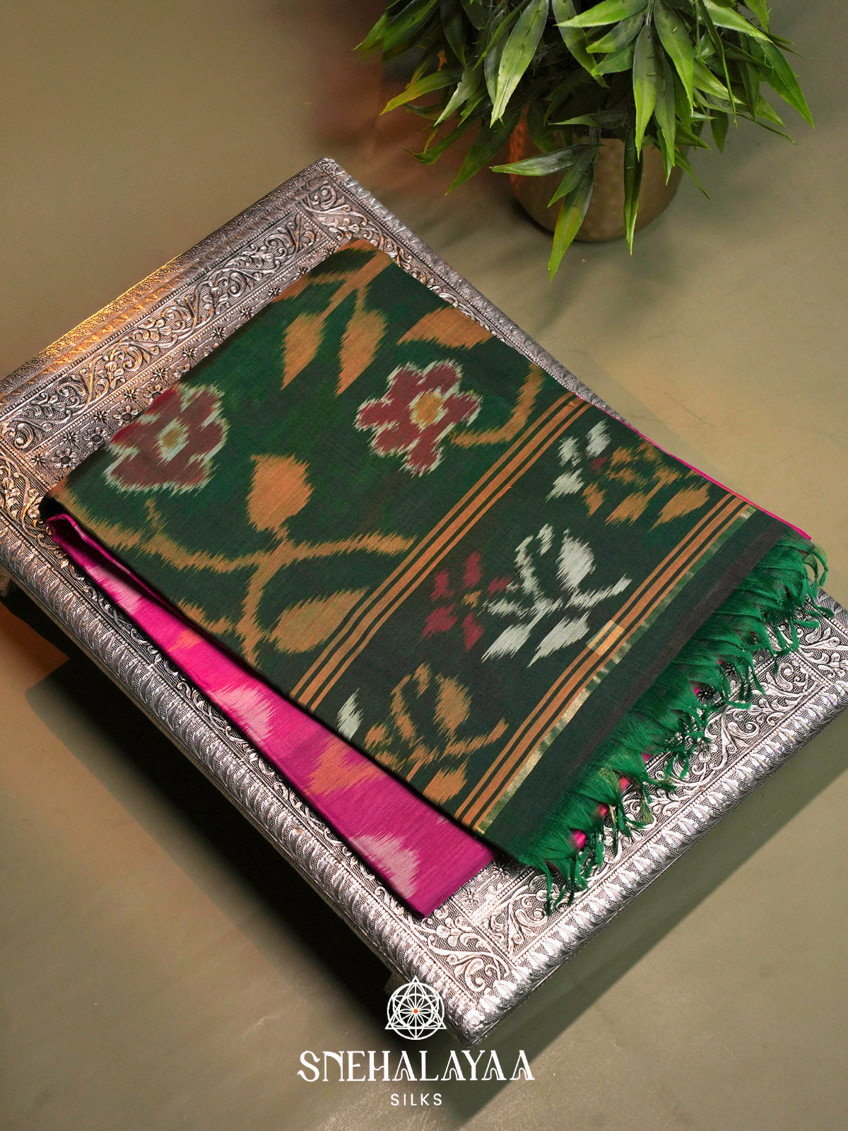 Pink  Ikkat Silk Cotton Saree