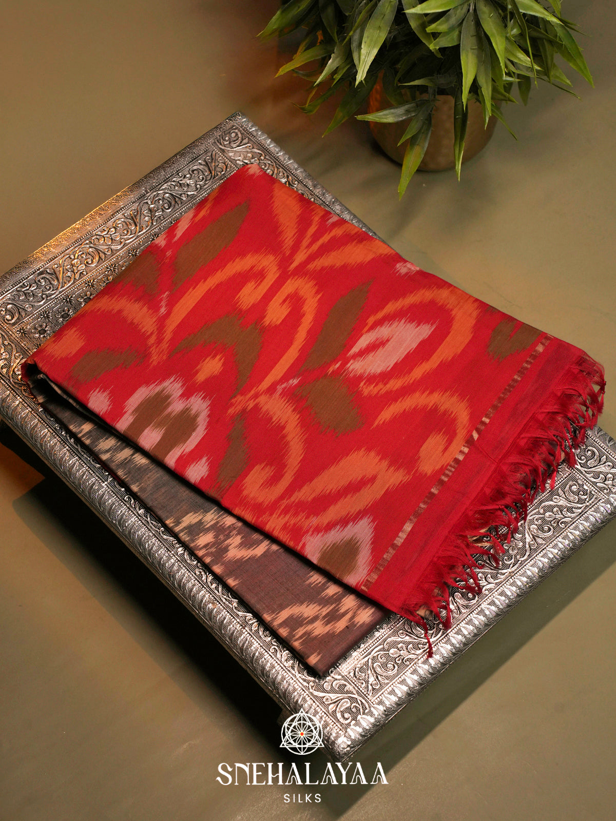 Grey  Ikkat Silk Cotton Saree