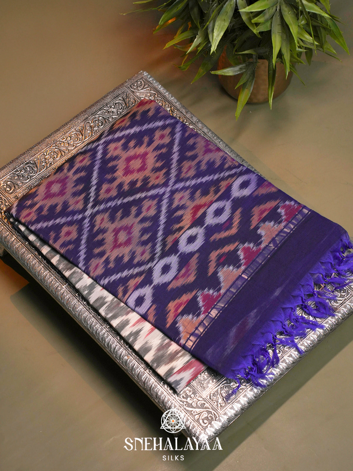 Grey  Ikkat Silk Cotton Saree