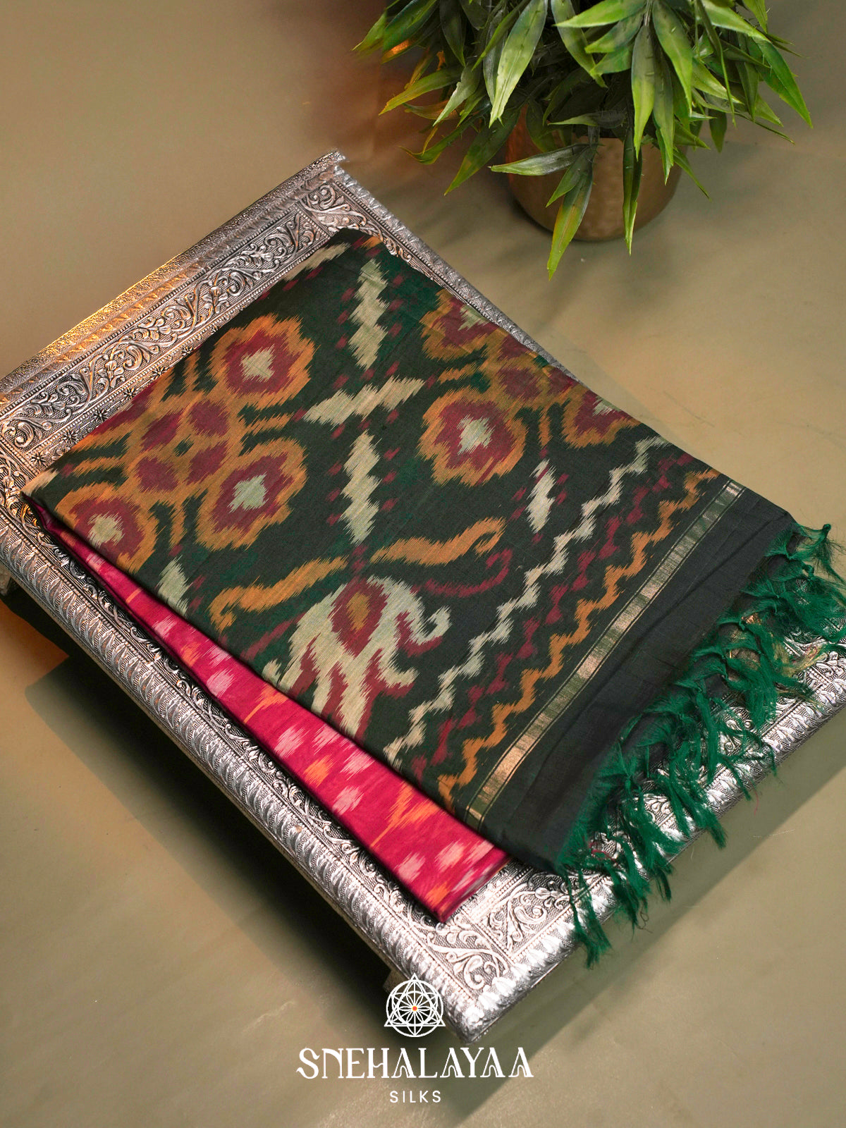 Pink  Ikkat Silk Cotton Saree