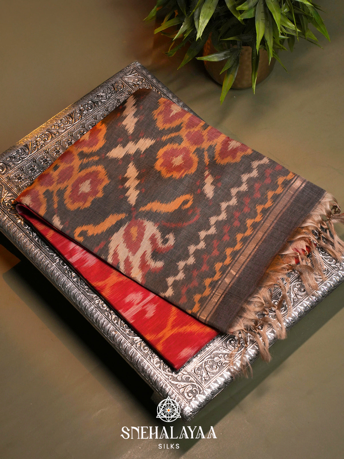 Maroon  Ikkat Silk Cotton Saree