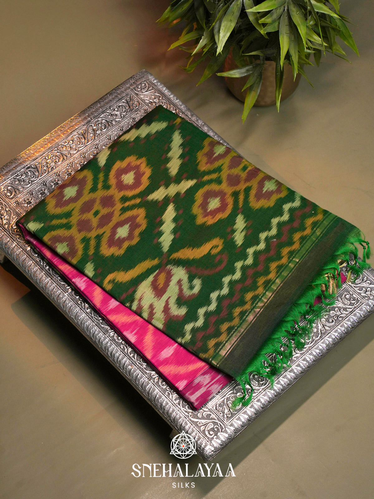 Pink  Ikkat Silk Cotton Saree