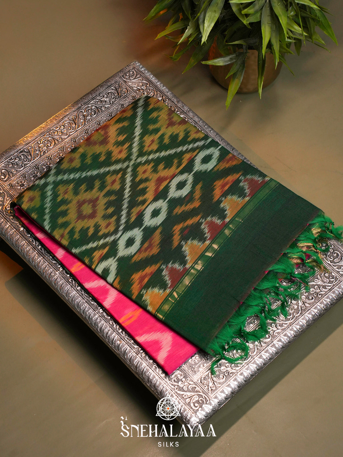 Pink  Ikkat Silk Cotton Saree