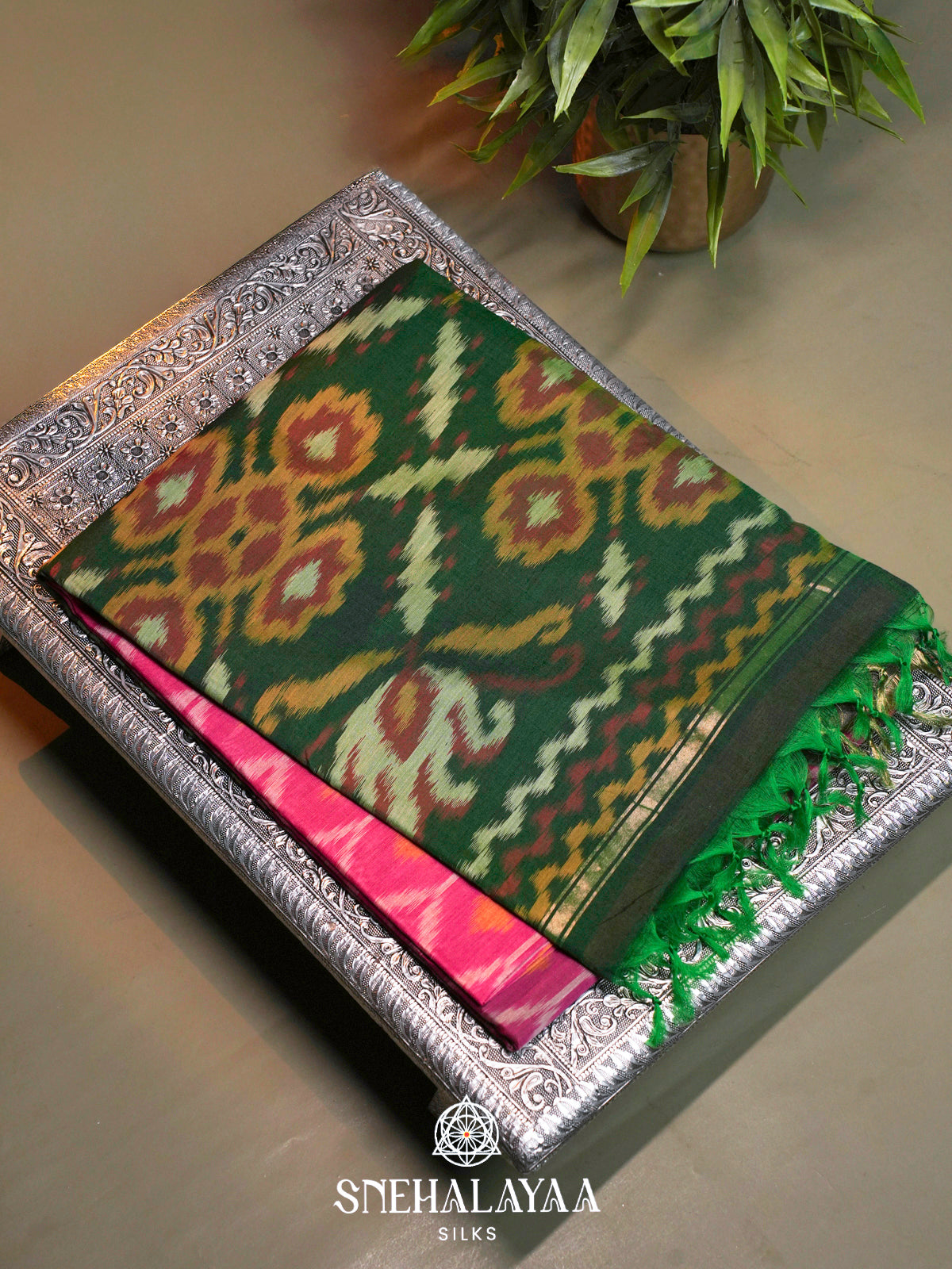 Pink  Ikkat Silk Cotton Saree
