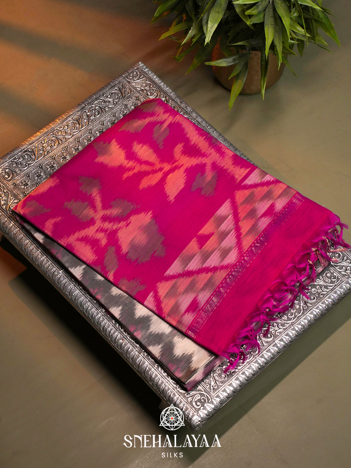 Grey  Ikkat Silk Cotton Saree