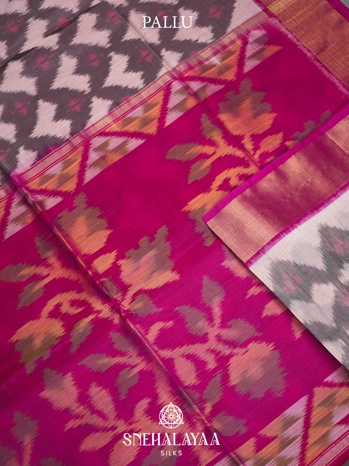 Grey  Ikkat Silk Cotton Saree