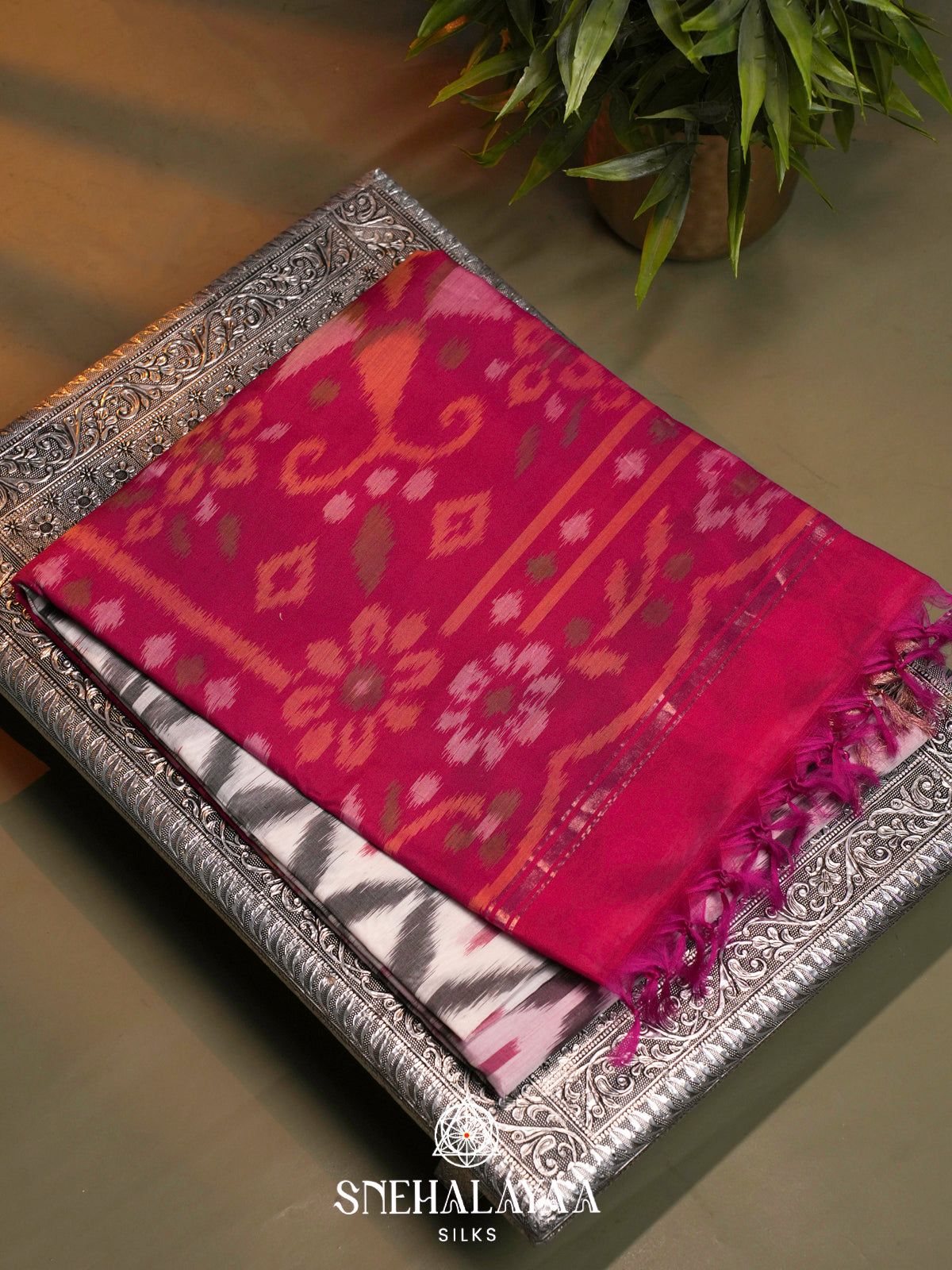 Grey  Ikkat Silk Cotton Saree