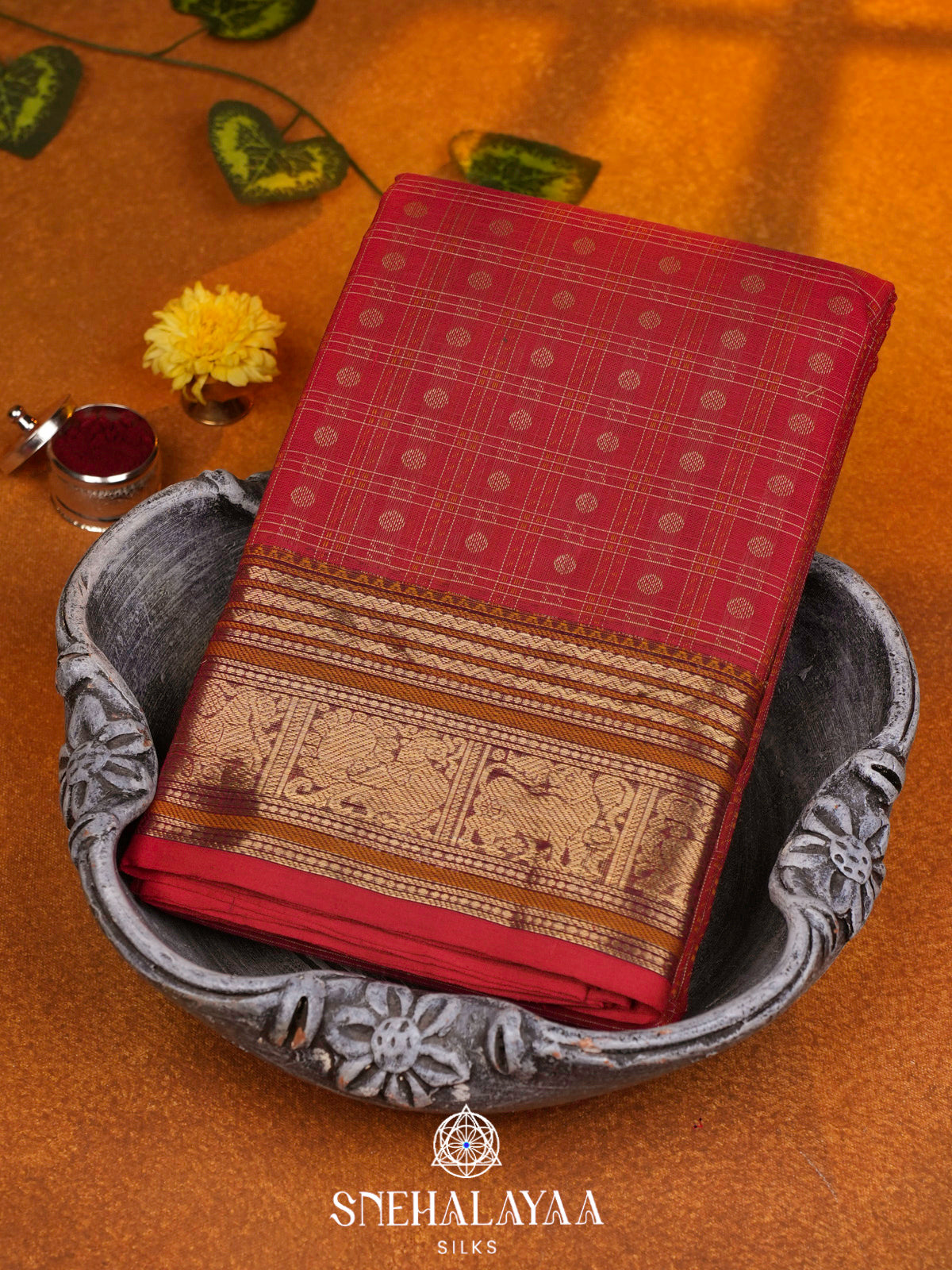 Coral Red  Kanchi Cotton Saree
