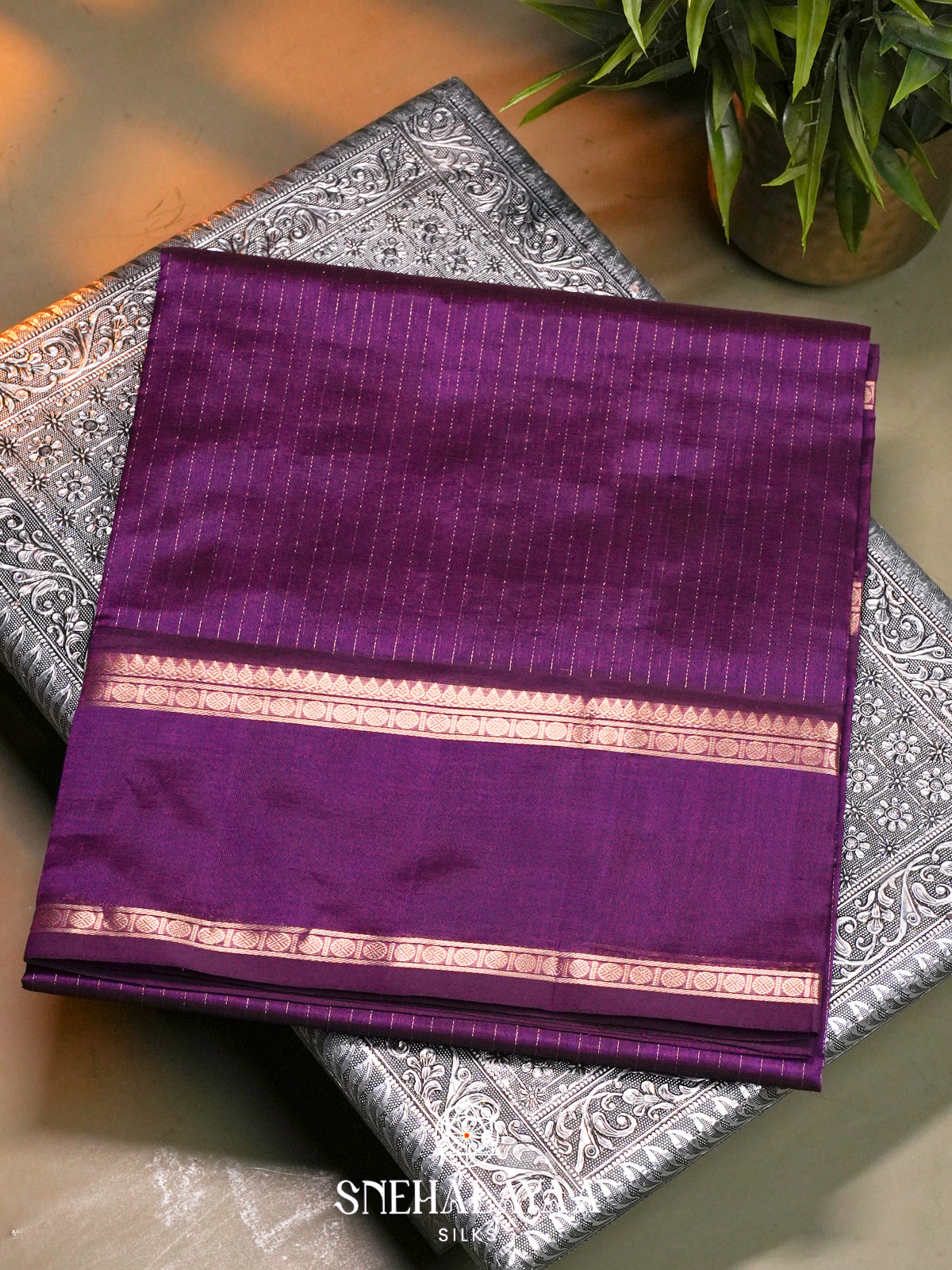 Purple Kanchi Silk Cotton Saree with Zari Strips