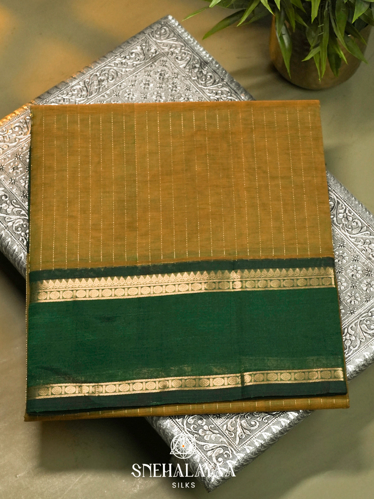 Mustard Yellow Kanchi Silk Cotton Saree with Zari Strips