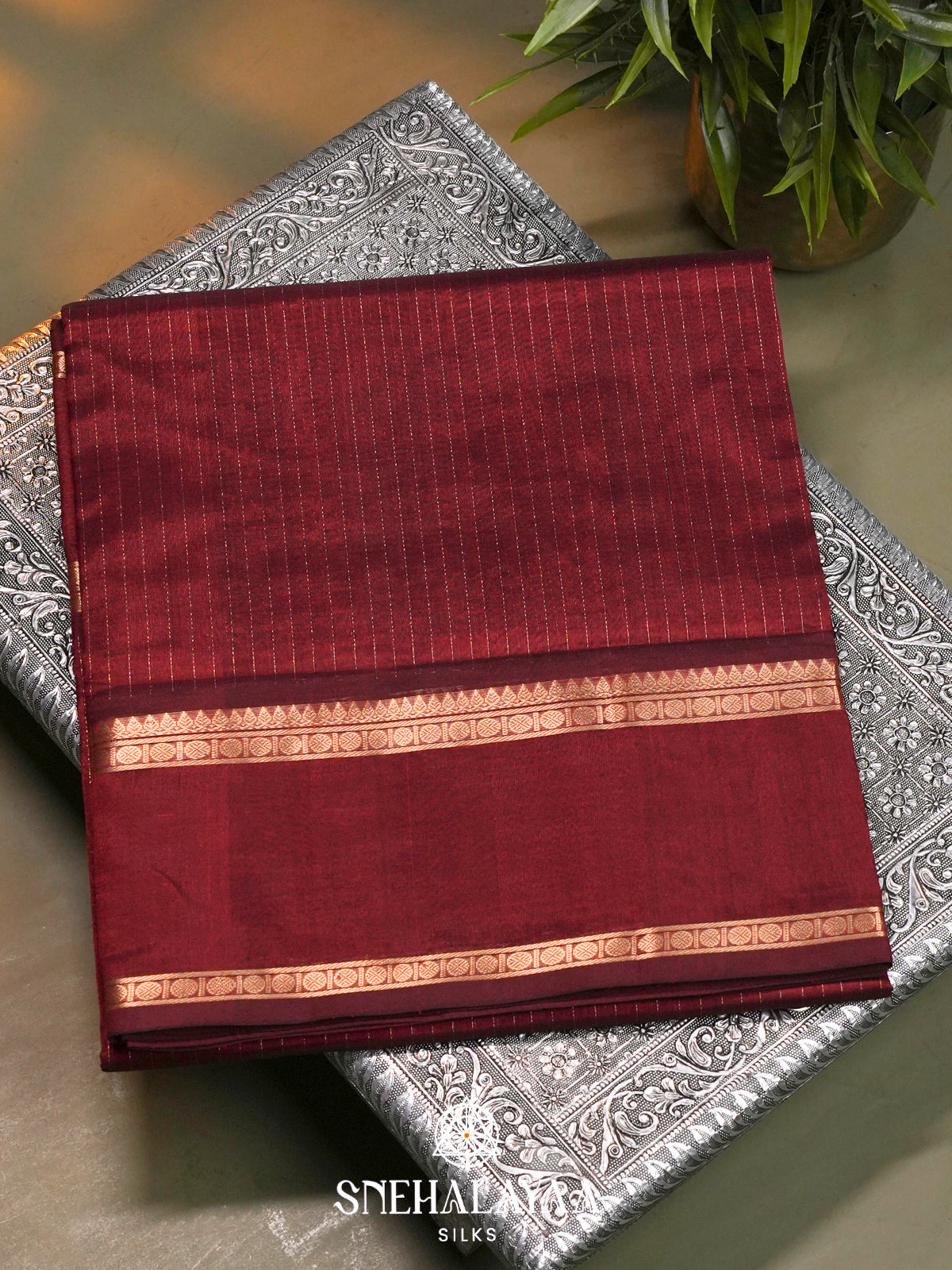 Maroon Kanchi Silk Cotton Saree with Zari Strips