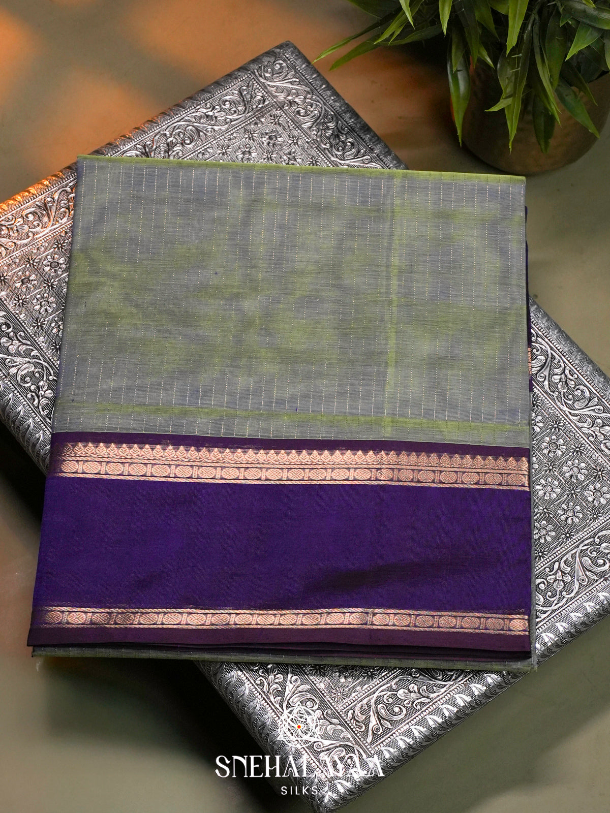 Grey Kanchi Silk Cotton Saree with Zari Strips