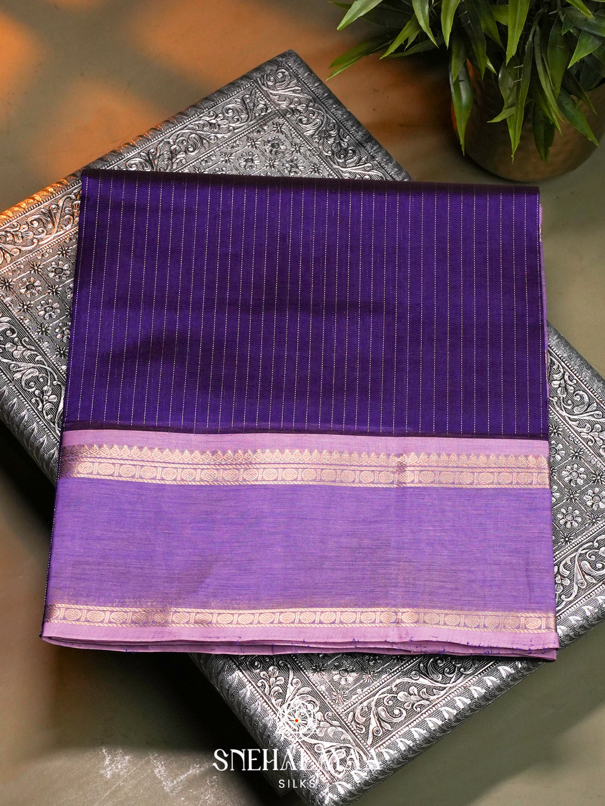 Purple Kanchi Silk Cotton Saree with Zari Strips