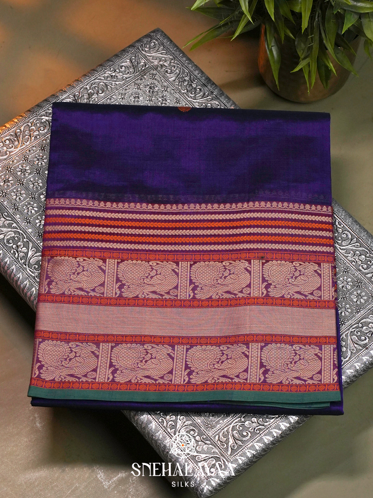 Ink Blue Kanchi Silk Cotton Saree with Annapakshi Buttas