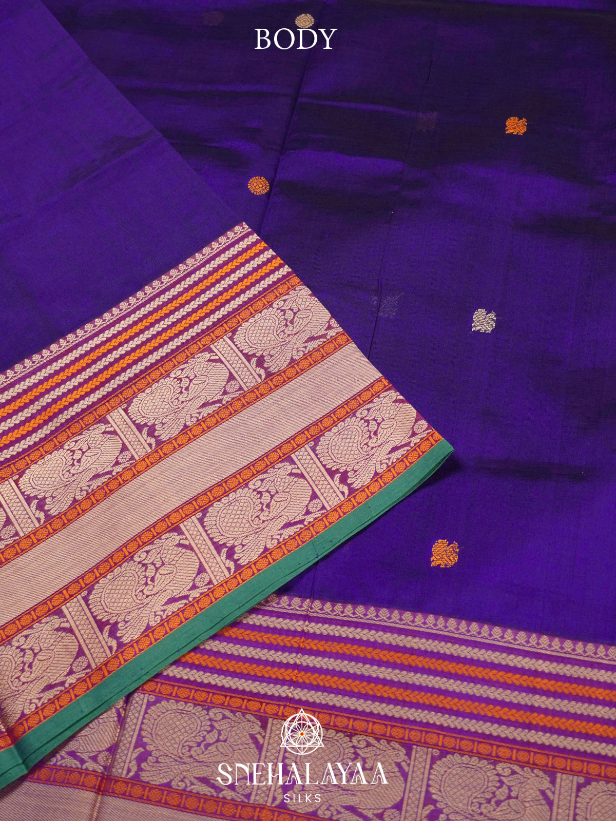 Ink Blue Kanchi Silk Cotton Saree with Annapakshi Buttas