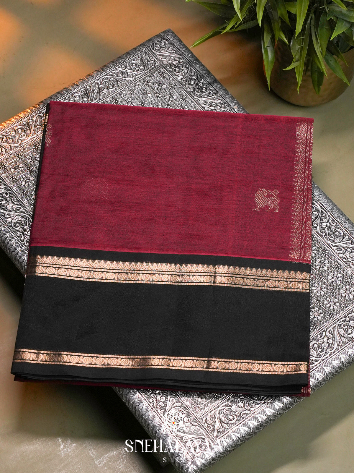 Maroon Kanchi Silk Cotton Saree with Lion Buttas