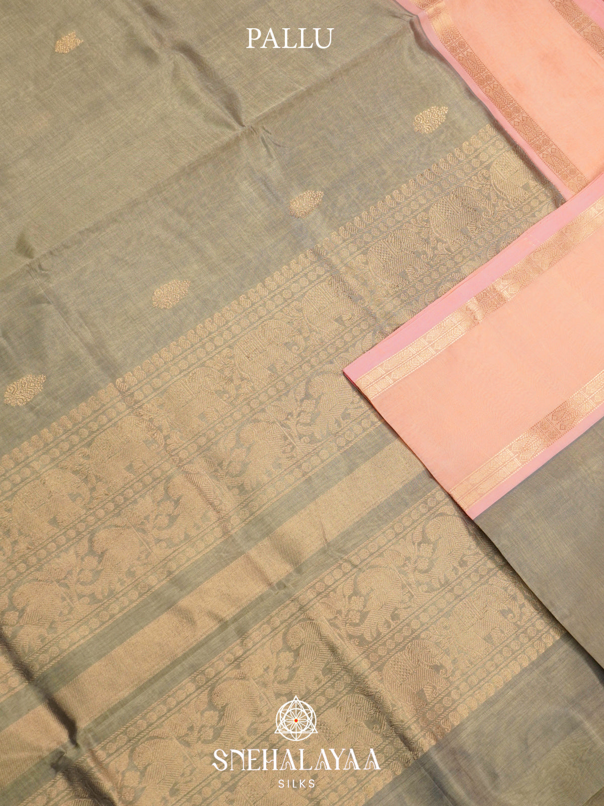 Pale Olive Green Kanchi Silk Cotton Saree with Mango Buttas