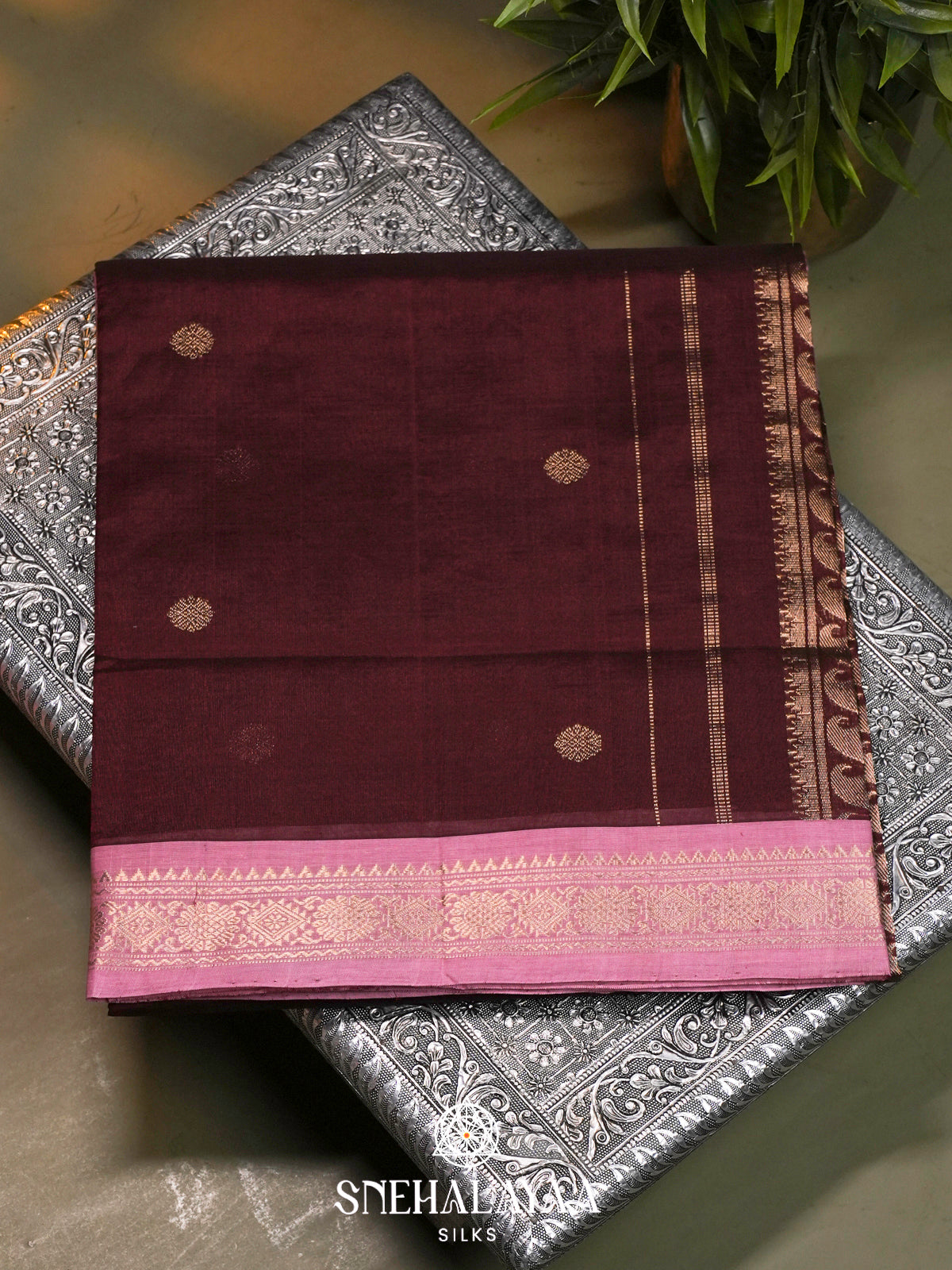Wine Maroon Kanchi Silk Cotton Saree with Coin Buttas