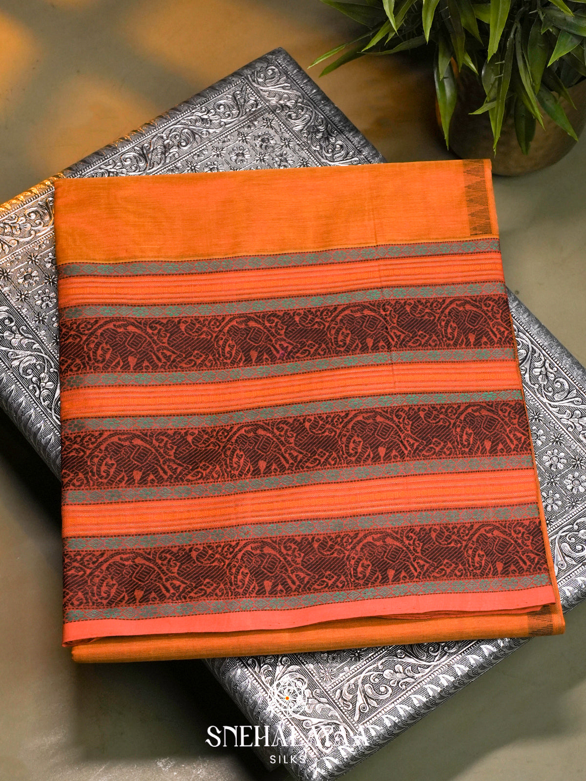 Mustard Orange Kanchi Silk Cotton Saree with Square Buttas