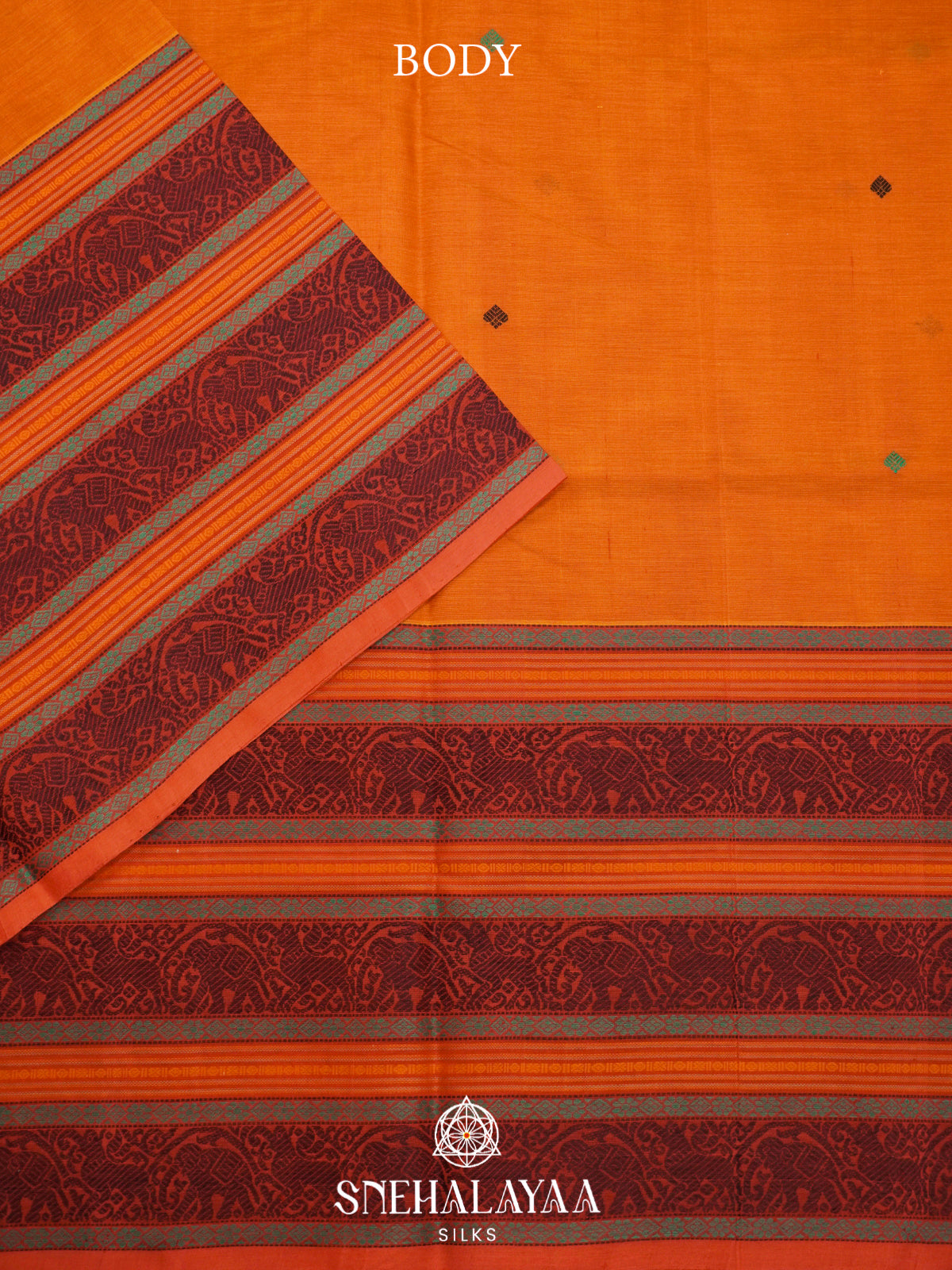 Mustard Orange Kanchi Silk Cotton Saree with Square Buttas