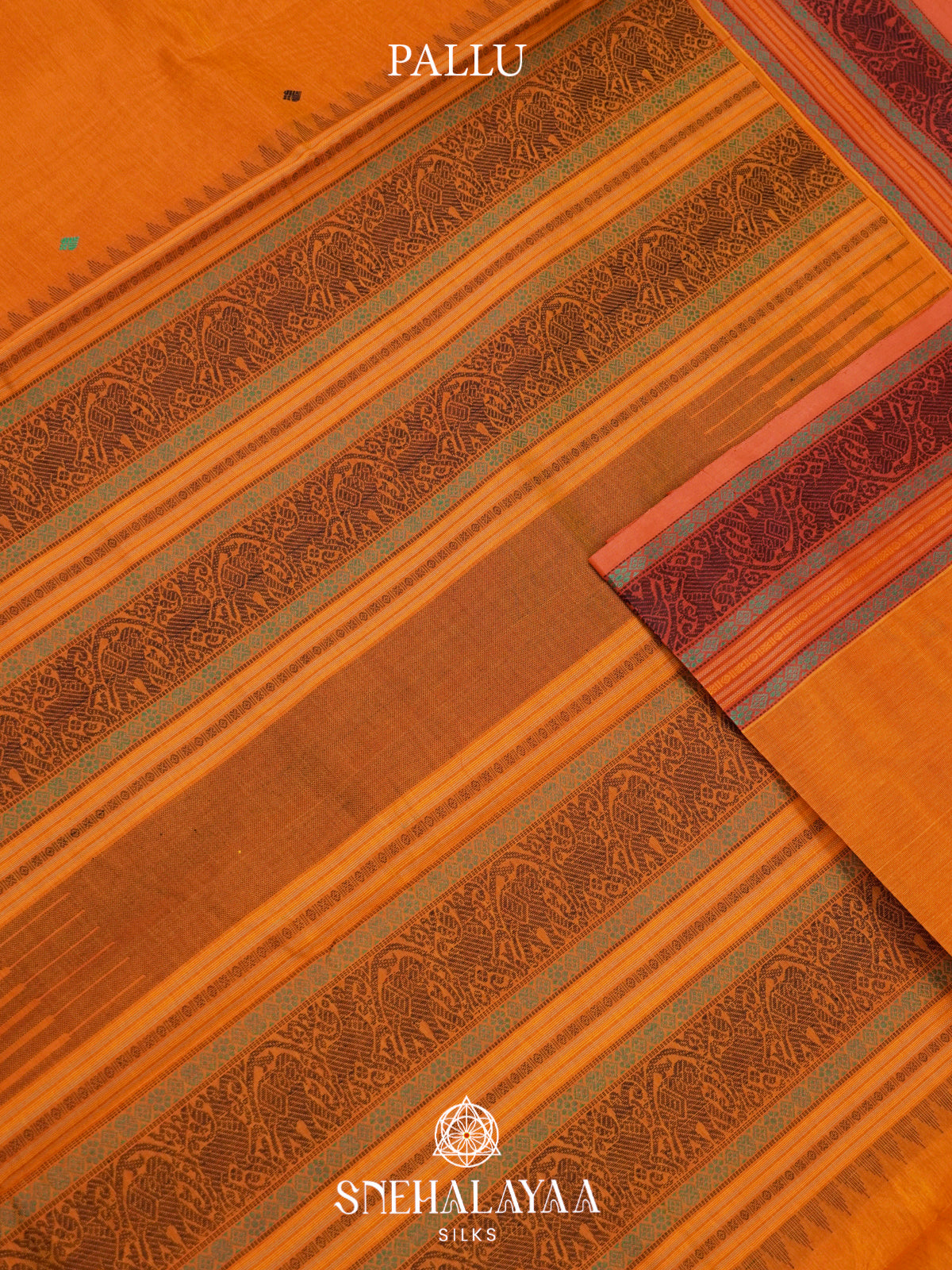 Mustard Orange Kanchi Silk Cotton Saree with Square Buttas