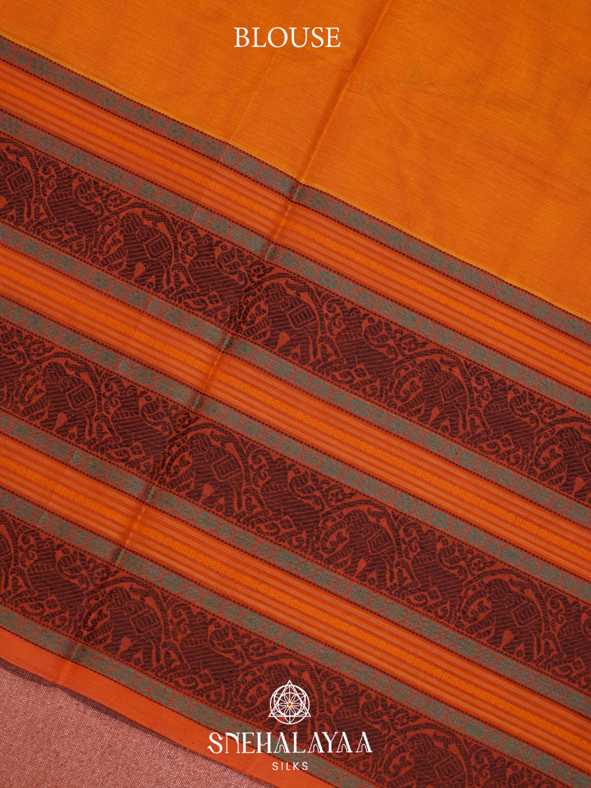 Mustard Orange Kanchi Silk Cotton Saree with Square Buttas
