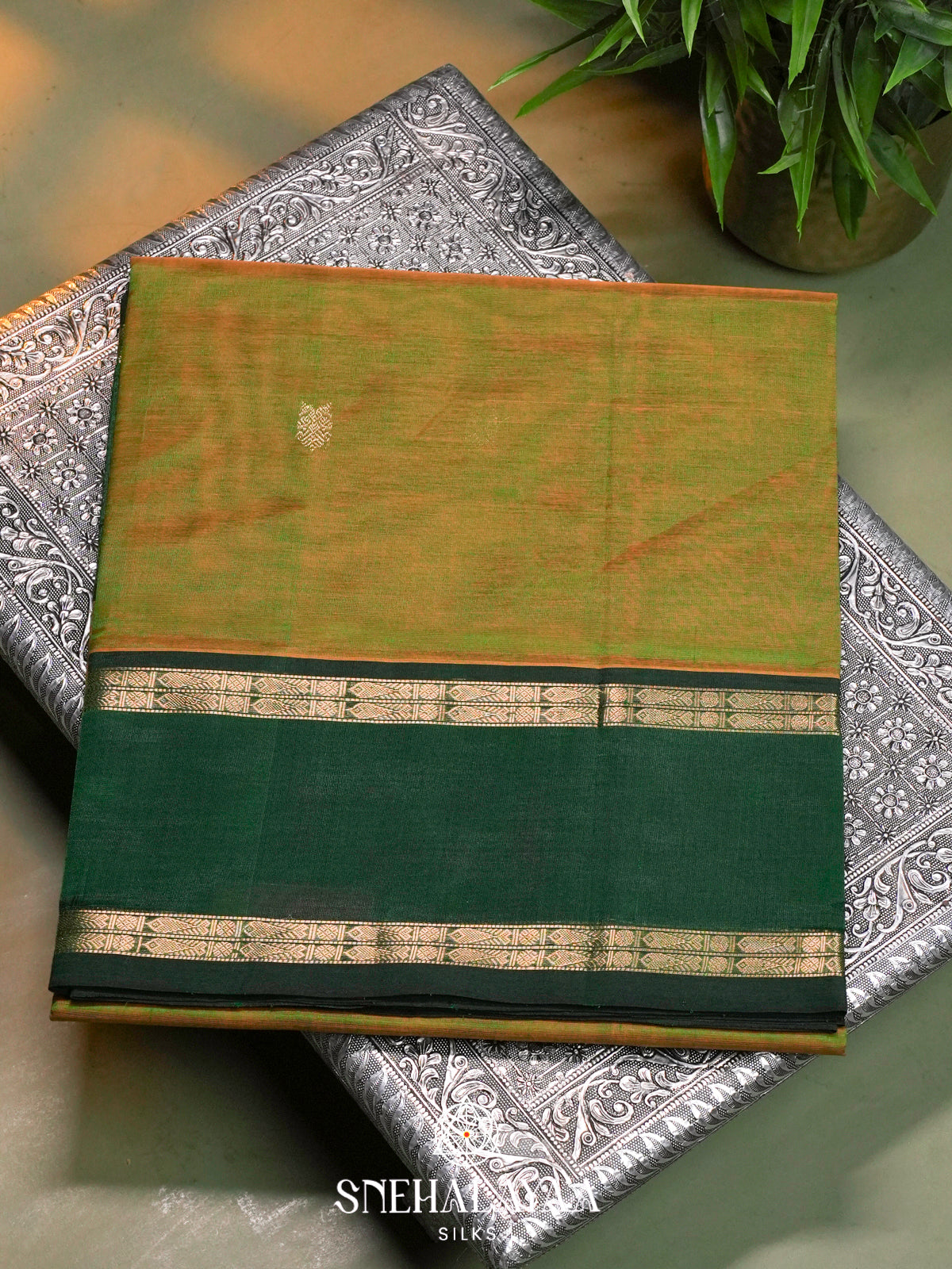 Olive Green Kanchi Silk Cotton Saree with Paisley Buttas