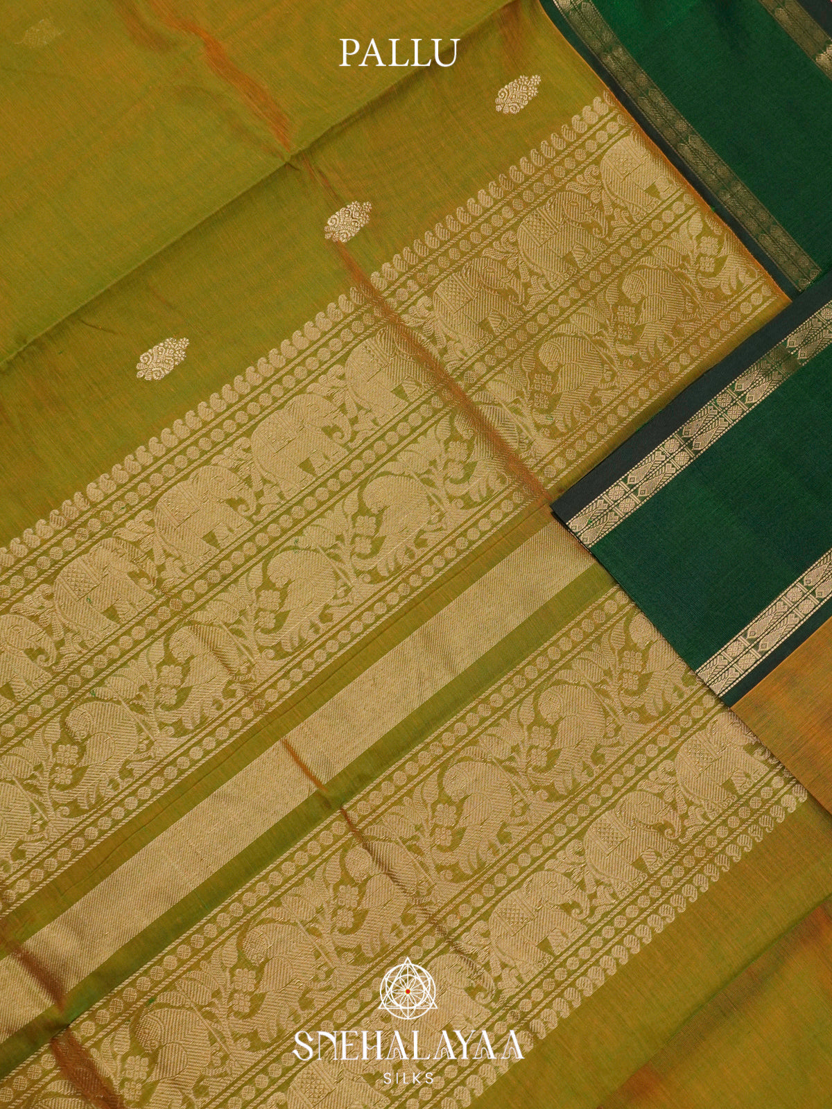 Olive Green Kanchi Silk Cotton Saree with Paisley Buttas