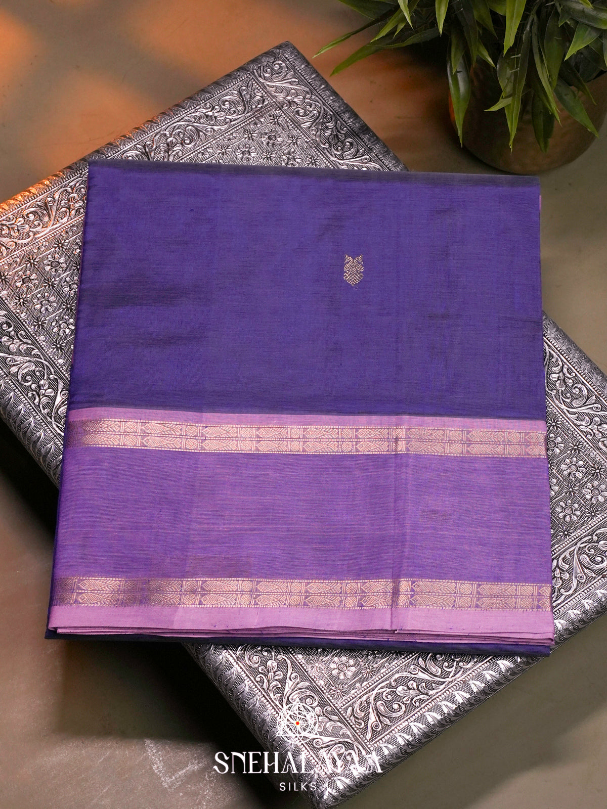 Ink Blue Kanchi Silk Cotton Saree with Geometric Paisley Buttas
