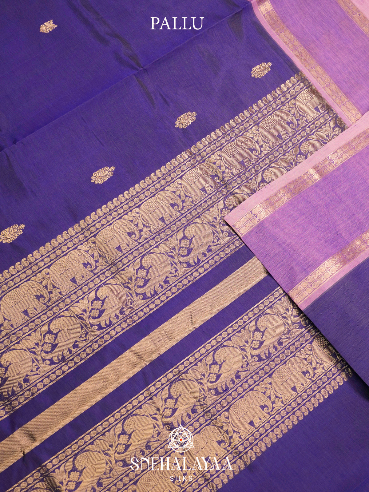 Ink Blue Kanchi Silk Cotton Saree with Geometric Paisley Buttas