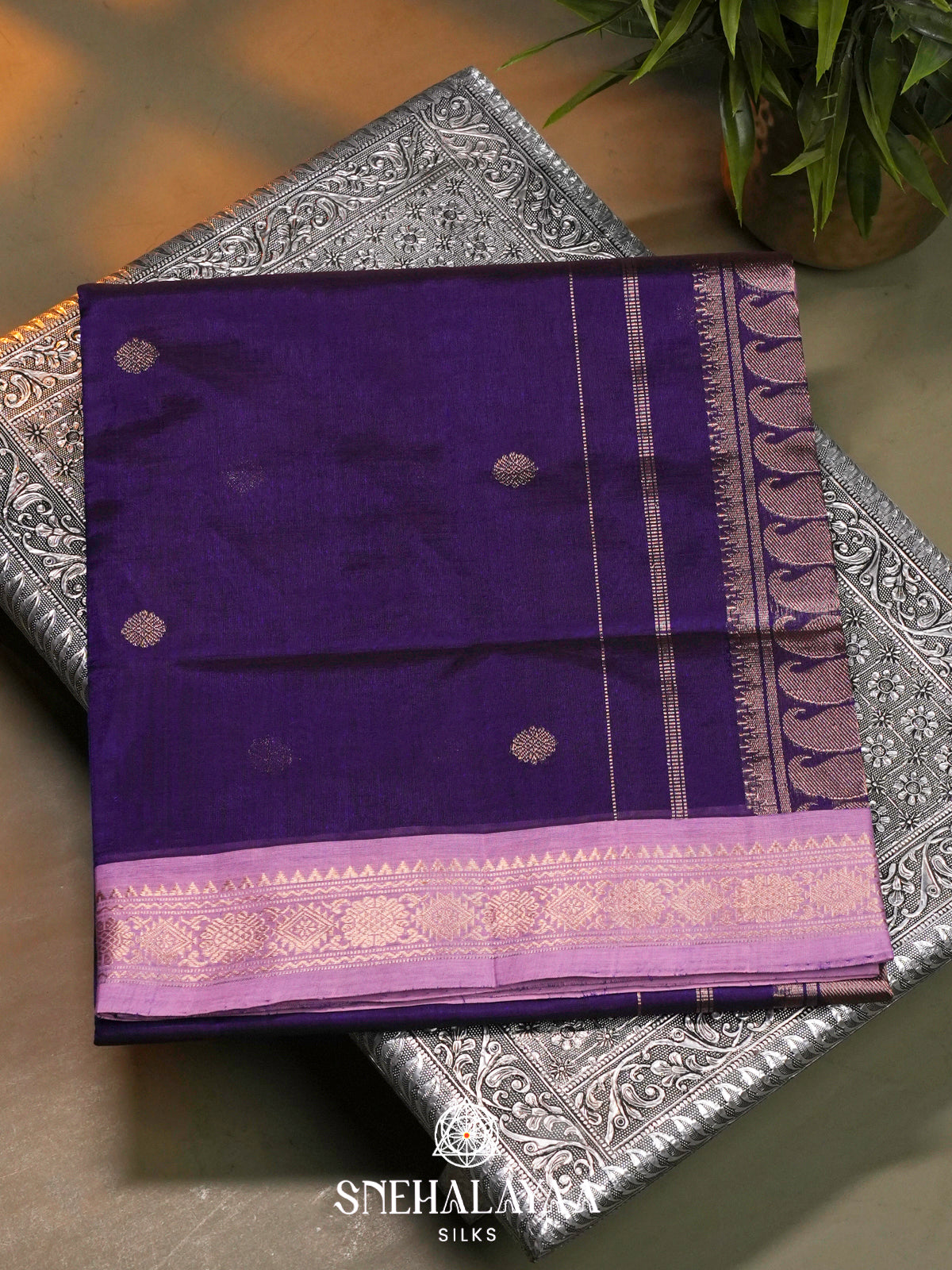 Violet Kanchi Silk Cotton Saree with Coin Buttas