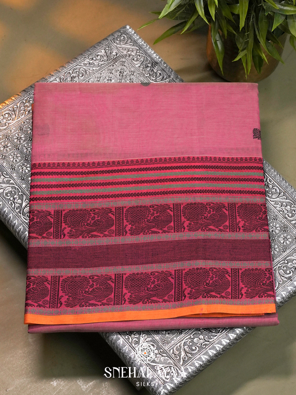 Pink Kanchi Silk Cotton Saree with Peacock Border