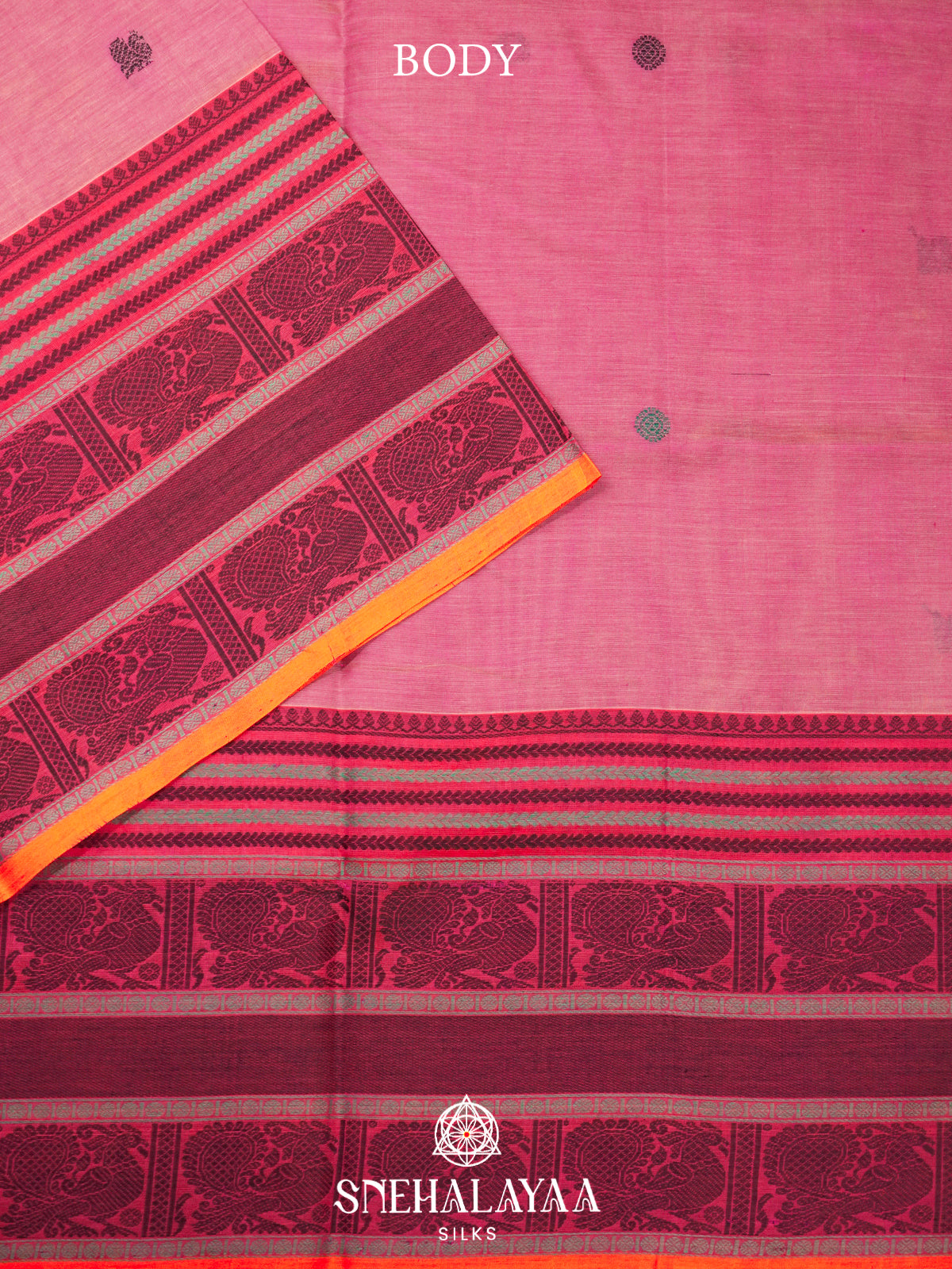 Pink Kanchi Silk Cotton Saree with Peacock Border