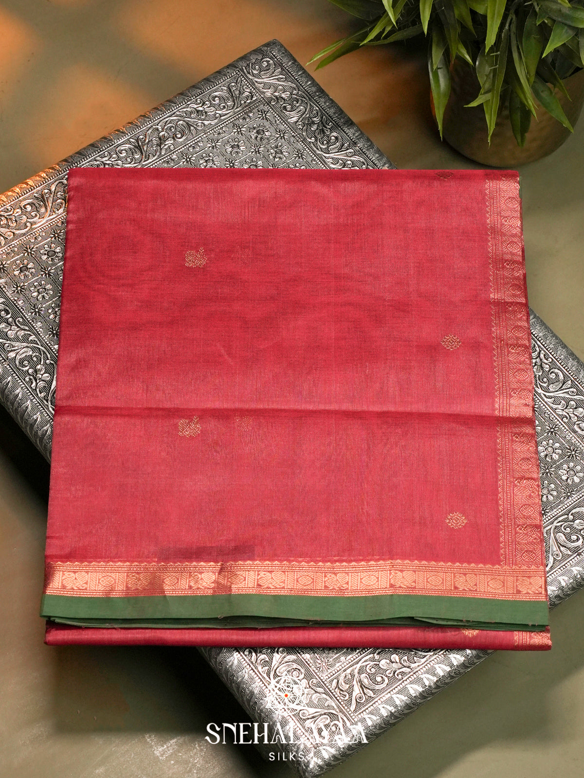 Pink Kanchi Silk Cotton Saree with Contrast Green Border