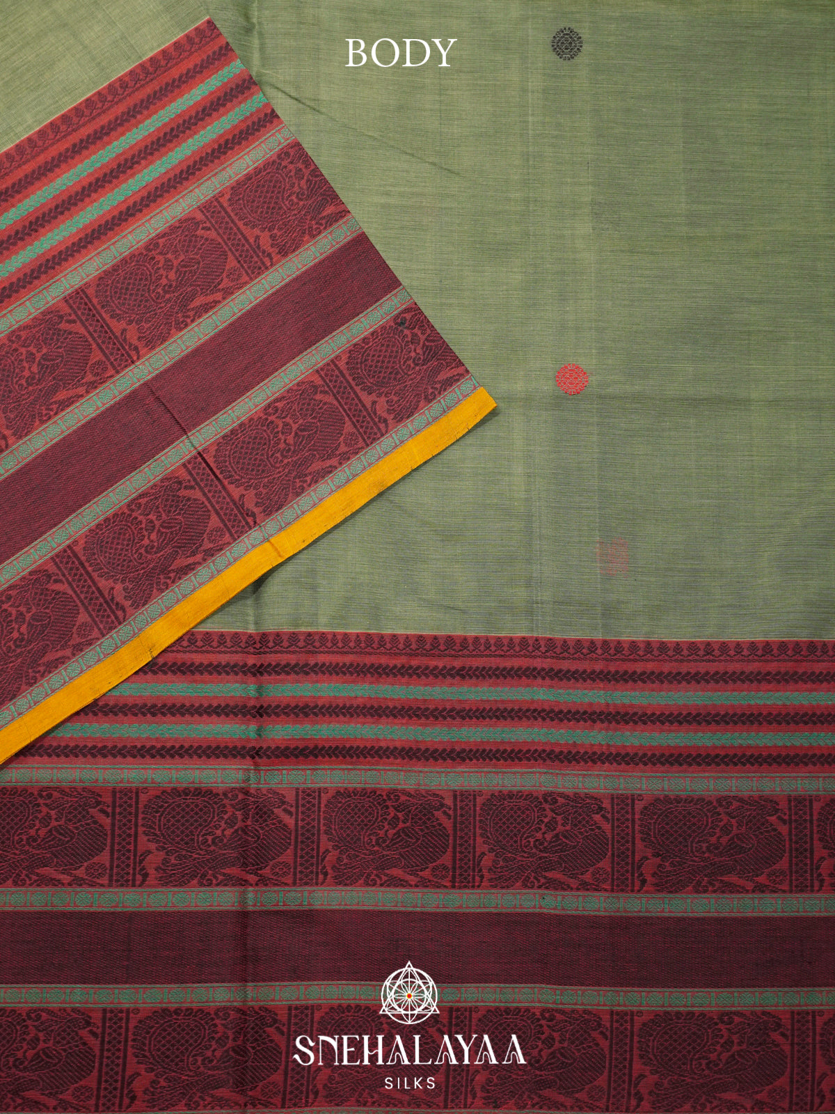Sage Green Kanchi Silk Cotton Saree with Wine Maroon Peacock Border