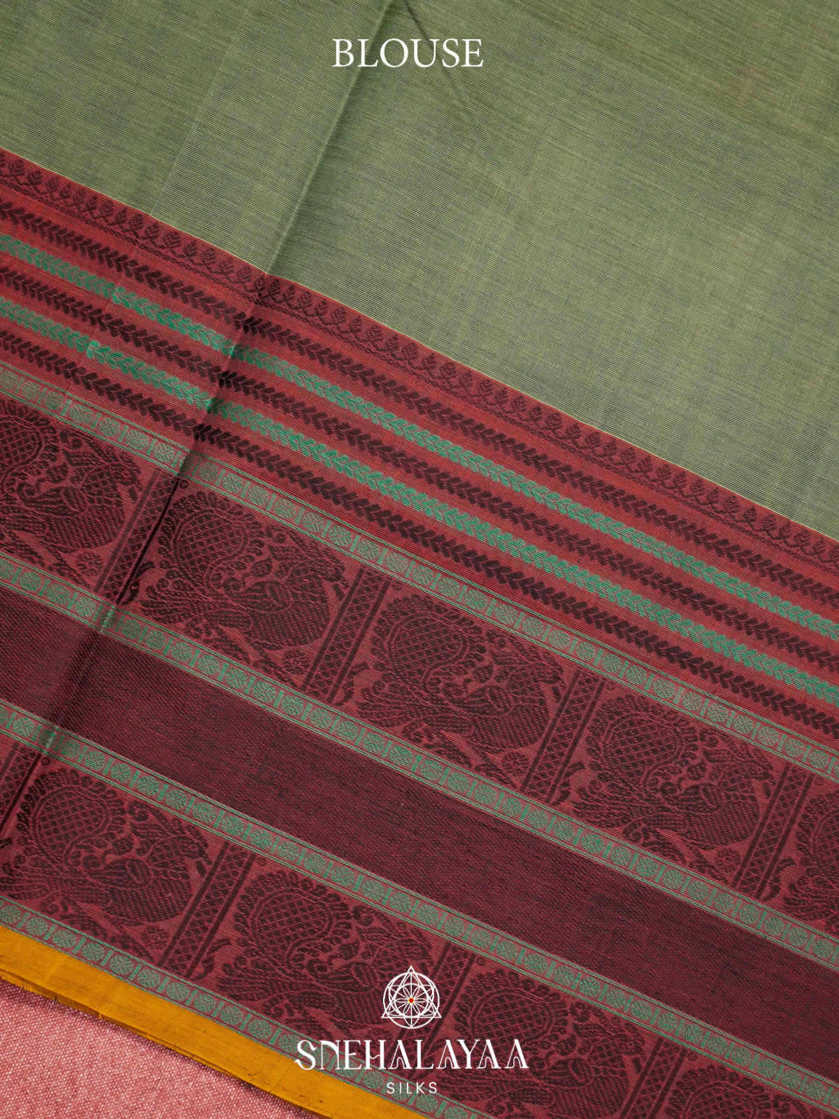 Sage Green Kanchi Silk Cotton Saree with Wine Maroon Peacock Border