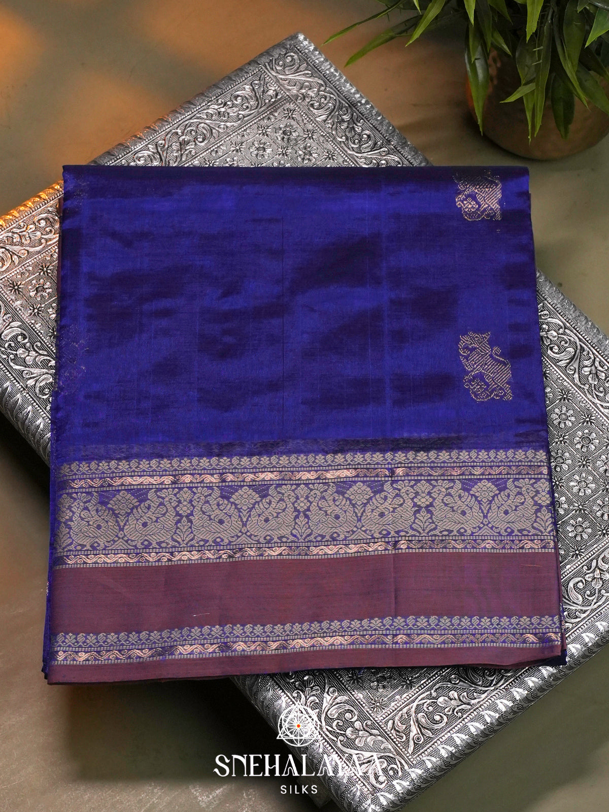 Royal Blue Kanchi Silk Cotton Saree with Mauve Border