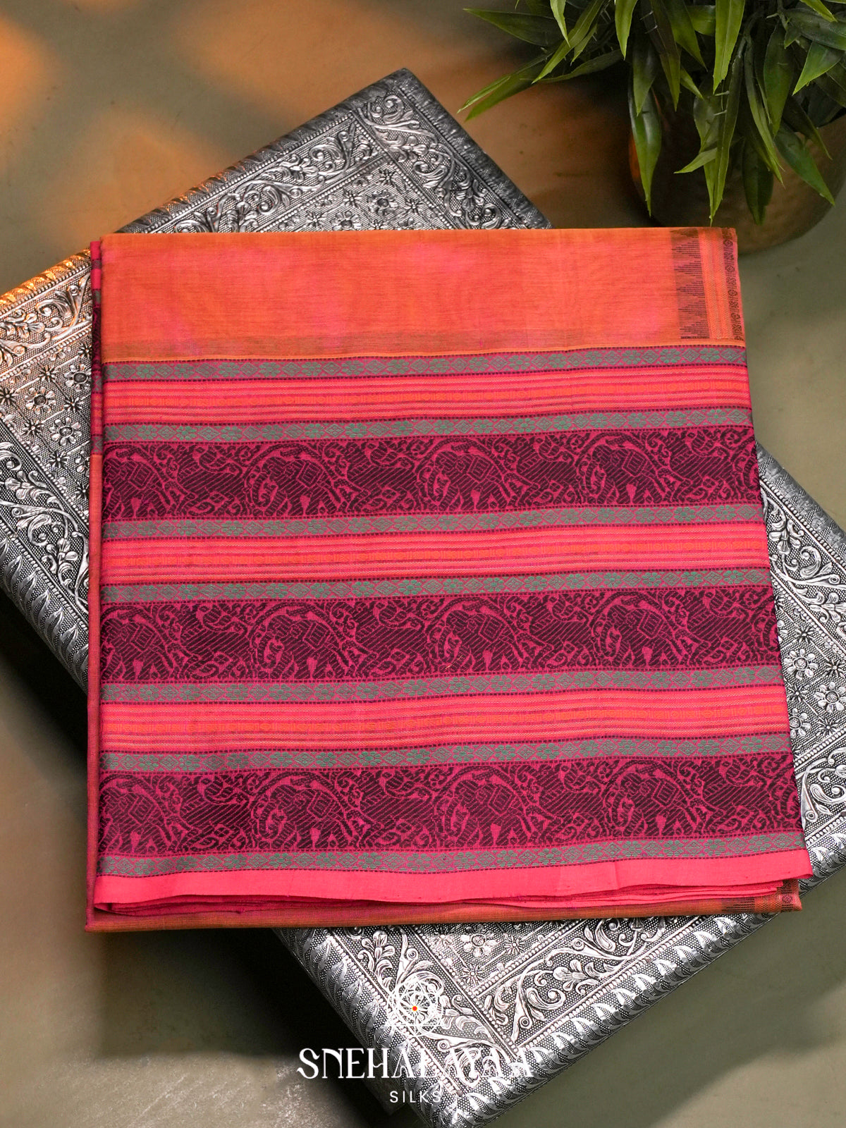 Peach Kanchi Silk Cotton Saree with Wine Elephant Border