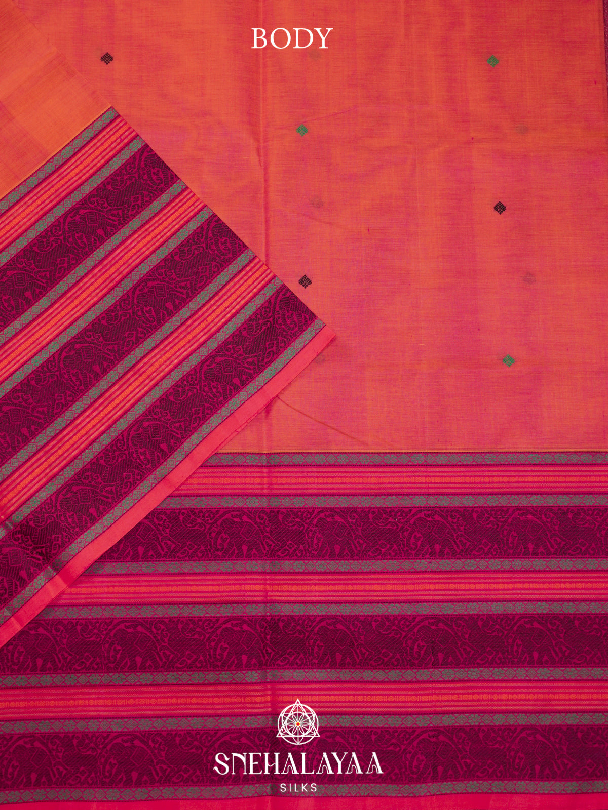 Peach Kanchi Silk Cotton Saree with Wine Elephant Border