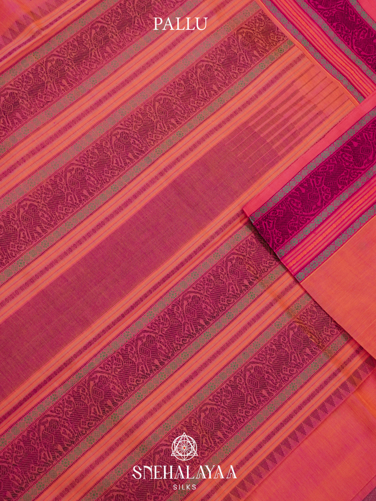 Peach Kanchi Silk Cotton Saree with Wine Elephant Border